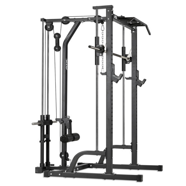 The ATX® Smith Machine System Plate Loaded is a multifunctional home gym featuring adjustable cables, pulleys, and metal weight plates for strength training. It includes a pull-up bar, weight bar holder, and various exercise attachments.