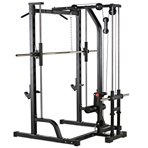 The ATX® Smith Machine System Plate Loaded is a versatile home gym solution with adjustable cables, a pull-up bar, and a weight lifting rack. It features a durable metal construction with a black finish equipped with multiple grips and pulleys for diverse strength training exercises.