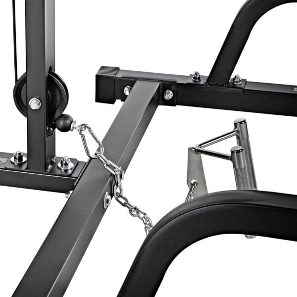 Close-up of the ATX® Smith Machine System Plate Loaded, showcasing its black metal frame with chains and a pulley system, emphasizing the connections and metal components at the lower part of the structure.