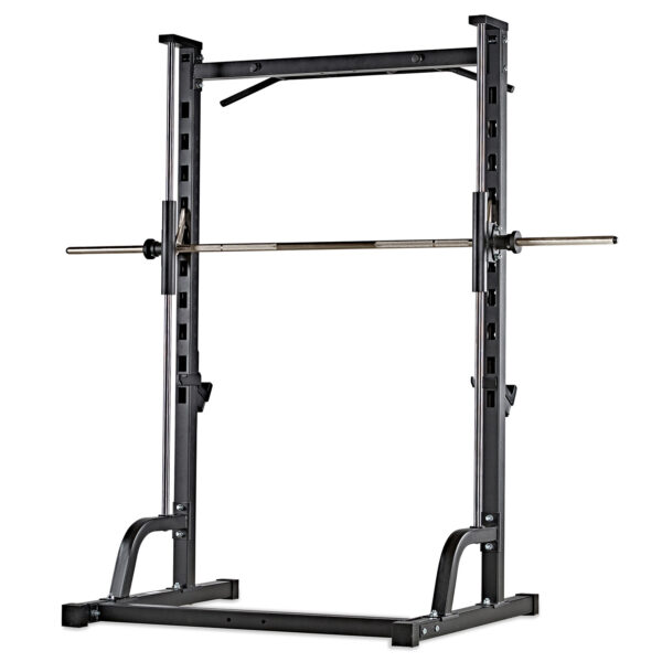 A metal ATX® Smith Machine Half Rack includes a barbell, safety hooks, and adjustable height settings. It features a sturdy base designed for weightlifting exercises.