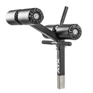 The ATX® Ab Crunch Attachment is a sturdy black and silver piece with padded rollers and a handle, designed for fitness equipment like weight benches.