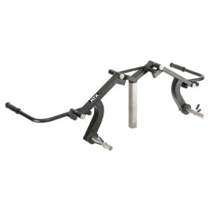 The ATX® Ab Crunch Attachment is a black metal safety squat bar featuring two padded arms and handles, designed for weightlifting. It includes a central attachment with a vertical metal plate, enhancing stability during squats.