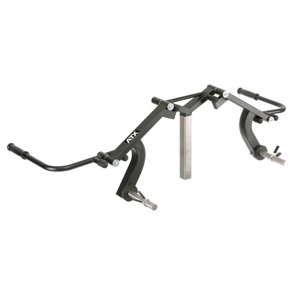 The ATX® Ab Crunch Attachment is a black metal safety squat bar featuring two padded arms and handles, designed for weightlifting. It includes a central attachment with a vertical metal plate, enhancing stability during squats.