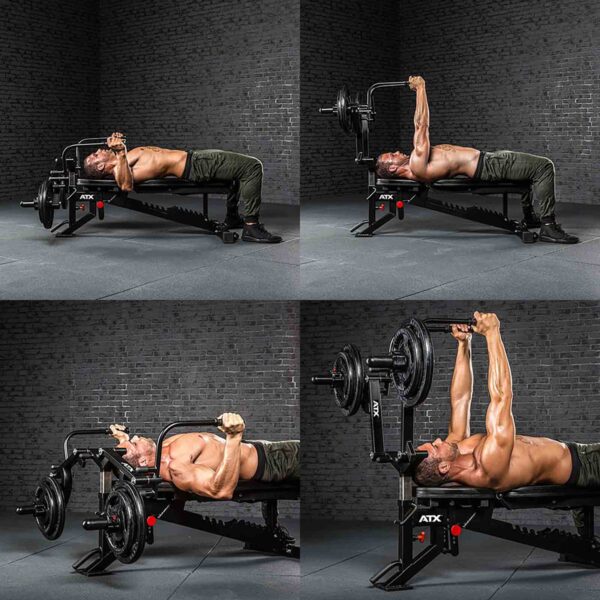 An individual performs a tricep extension using the ATX® Ab Crunch Attachment on a flat bench. Four photos depict the start, middle, and end positions, featuring a dark brick wall backdrop.
