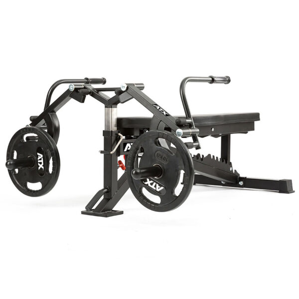 The ATX® Ab Crunch Attachment is a versatile gym bench with adjustable handles and weighted plates on either side. Designed with a black metal frame, its perfect for various strength training exercises.