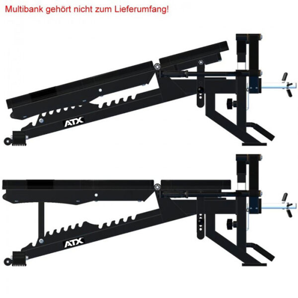 Two black ATX® Ab Crunch Attachment diagrams are shown side by side, highlighting design and features. The German text above reads Multibank gehört nicht zum Lieferumfang! indicating the multibank is not included in the delivery scope.