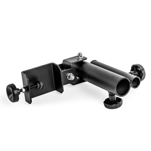 The ATX® T-Bar Row Attachment is a black metal adjustable mount with a clamp and dual cylindrical holders for surface attachment. It features two knobs for secure positioning and includes a bolt assembly for stability.