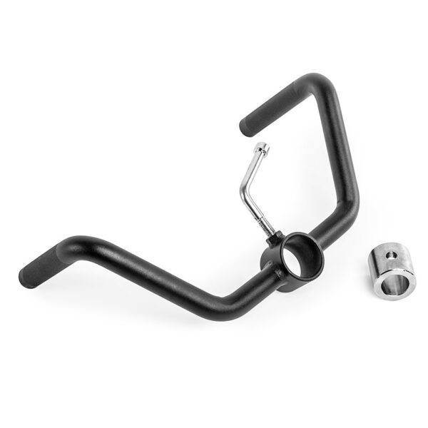 Black metal handlebar resembling the ATX® T-Bar Row Attachment, showcasing an angular design with a central bracket and lever; accompanied by a separate silver attachment on a white background.