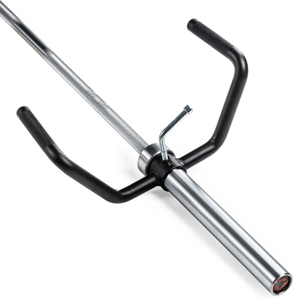 Close-up of a silver hex barbell and the ATX® T-Bar Row Attachment with black handles on a white background. The bar features angled grips and a logo on one end.