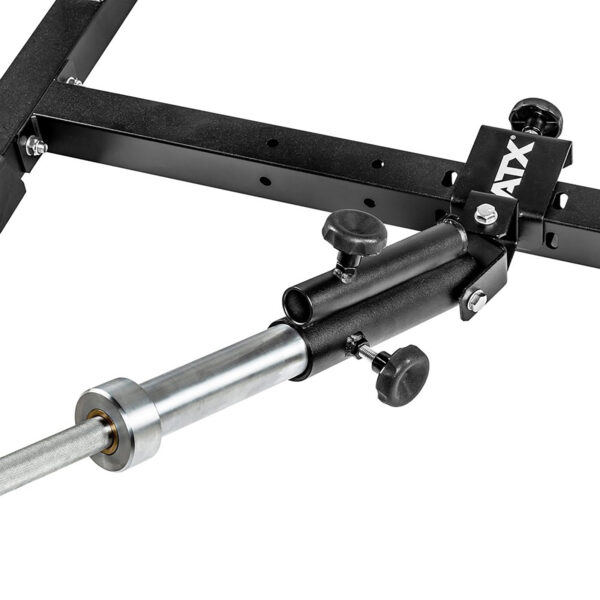 Close-up of the ATX® T-Bar Row Attachment, featuring adjustable knobs and a black metal cylindrical sleeve for securing a barbell. The brand ATX stands out on the side and seamlessly integrates with a larger frame, ensuring stability during workouts.