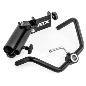The ATX® T-Bar Row Attachment is a black metal accessory with handles and clamps, designed for barbell mounting. Featuring two parallel bars and ATX labeling, its displayed on a clean white background.