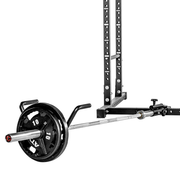 The ATX® T-Bar Row Attachment features a pivot hinge to a squat rack, allowing a barbell with weight plates to attach to a landmine station. It includes a handle for grip, making it perfect for exercises like rows and presses.