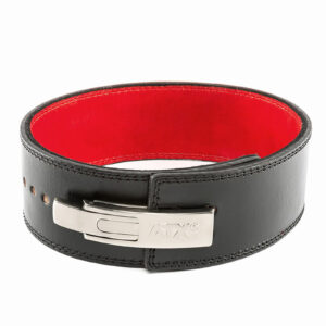 The ATX® Lever Leather Powerlifting Belt is designed with a black leather exterior, a red interior, and a silver buckle that features the engraved ATX logo.