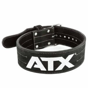 The ATX® Suede Power Belt is a black weightlifting belt featuring white stitching and ATX lettering on the side. It includes a buckle and multiple adjustment holes for sizing.
