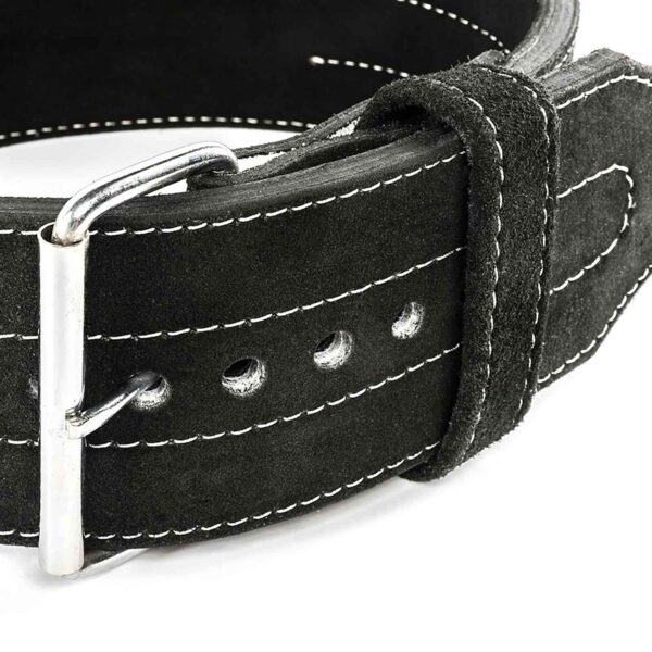 Close-up of the ATX® Suede Power Belt in black, showcasing white stitching, a silver buckle, and multiple adjustment holes.