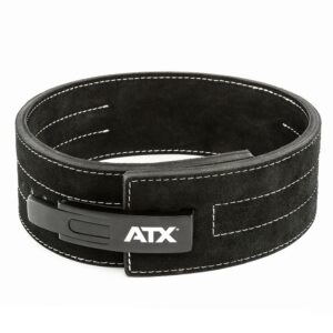 The ATX® Lever Suede Power Belt is a black weightlifting belt featuring white stitching, a metal clasp, and the ATX logo on its front, displayed coiled on a white background.