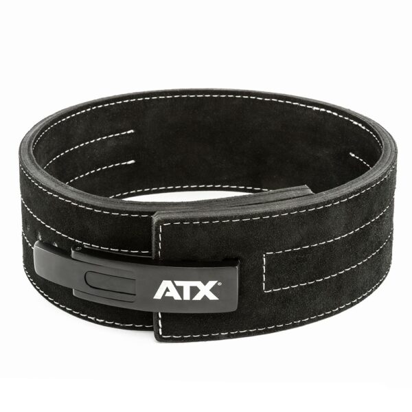 The ATX® Lever Suede Power Belt is a black weightlifting belt featuring white stitching, a metal clasp, and the ATX logo on its front, displayed coiled on a white background.