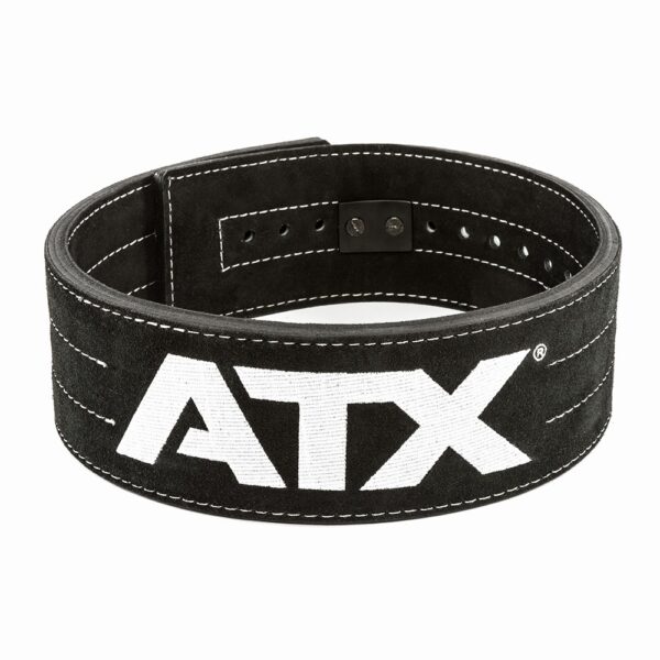 The ATX® Lever Suede Power Belt is a black weightlifting belt featuring white stitching and large, bold "ATX" embroidery on the front. It includes a buckle with multiple adjustment holes for size customization.