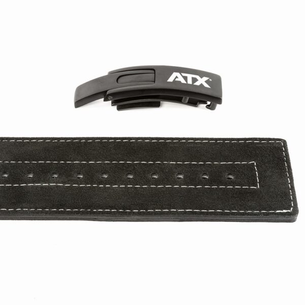 The ATX® Lever Suede Power Belt, a black suede weightlifting belt with white stitching and a black quick-release lever buckle marked with the ATX logo, is displayed flat against a plain white background.