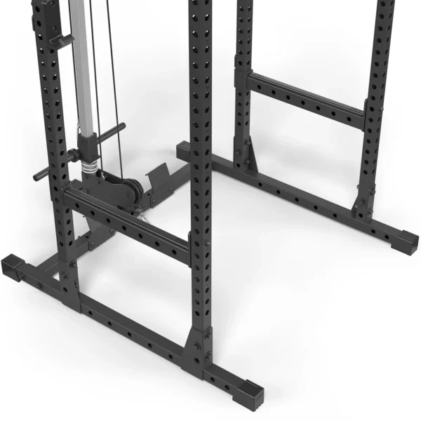 Close-up of the black ATX® Power Rack 520 (215cm) System Plate Loaded with a cable pulley, featuring a sturdy frame with multiple adjustable holes, set against a white background.