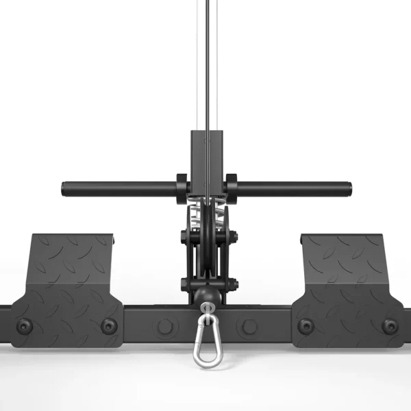 Close-up of an ATX® Power Rack 520 system plate loaded, featuring textured footrests, a handlebar, and a metal carabiner at the bottom against a white background.