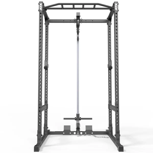 The ATX® Power Rack 520 215cm System Plate Loaded includes a barbell and attachment, adjustable spotting arms, multiple height settings, a metal structure with a pull-up bar on top, designed for weightlifting and strength training.