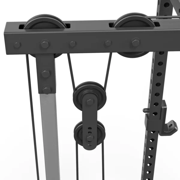 Close-up of the ATX® Power Rack 520 215cm System Plate Loaded. The image shows several black pulleys and cables attached to a metal frame for adjusting weights and exercises in strength training equipment.
