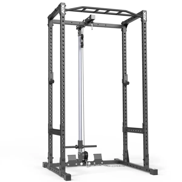 The ATX® Power Rack 520, a 215cm black metal structure, features multiple holes for adjustable bar placements and a pull-up bar at the top. It includes a vertical barbell holder and is sturdy, robust, and perfect for various strength training exercises.