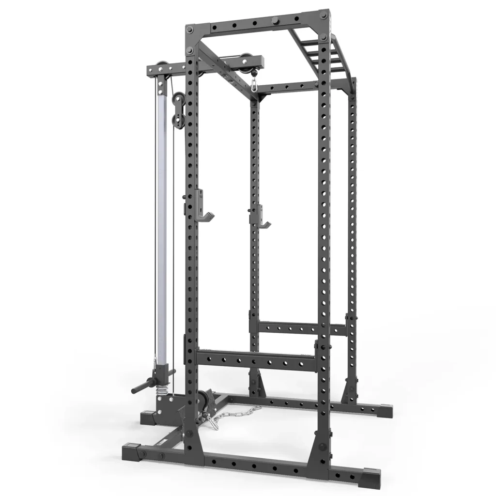 The ATX® Power Rack 520 215cm System Plate Loaded features various attachments, including a pulley system and safety bars. Made of sturdy black metal, it offers multiple holes for adjustable components, making it ideal for weightlifting exercises.