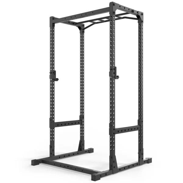 The ATX® Power Rack 520 215cm is a black steel weightlifting rack with multiple adjustment holes for customization, a pull-up bar at the top, and a stable base, ideal for various strength training exercises.