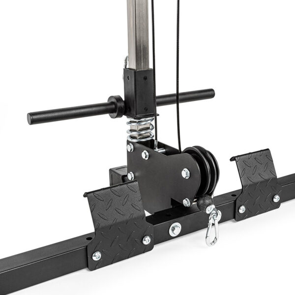 Close-up of a black cable pulley system with metal bars and a spring mechanism, featuring textured footplates for stability. This horizontal setup is likely part of the ATX® Power Rack 610 System 198cm, designed for low ceilings in fitness environments.