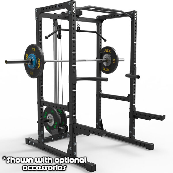 The ATX® Power Rack 610 System 198cm for Low Ceilings is a black power rack with a barbell and weights, featuring adjustable pegs on two vertical posts. The base stores extra plates, and a pull-up bar is attached to the top.