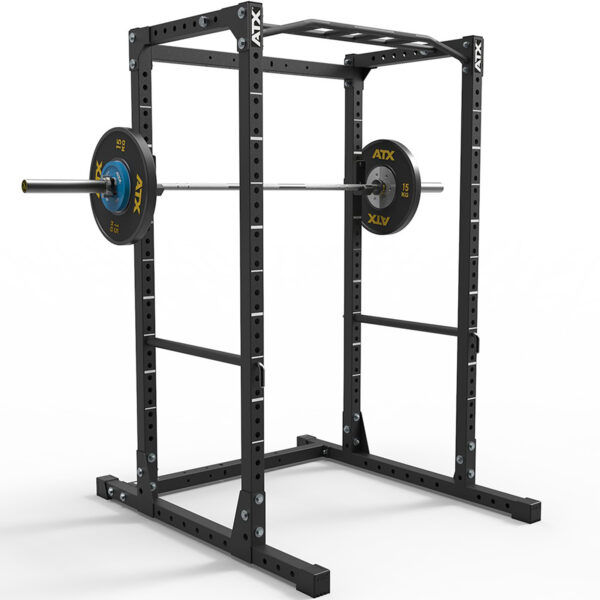 The ATX® Power Rack 610 195cm for Low Ceilings is a black squat rack ideal for low spaces, featuring a barbell with branded weights, adjustable holes for multiple lifting heights, and a sturdy pull-up bar.
