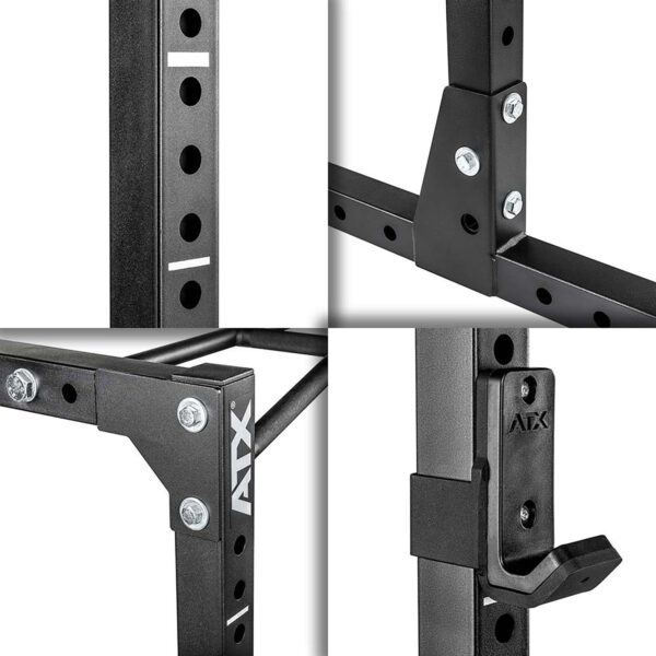 Collage of a black metal gym rack displaying its bolts, brackets, and components. The ATX® Power Rack 610, designed for low ceilings at 195 cm, features adjustable holes and secure connections with ATX branding.