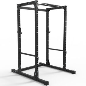 The ATX® Power Rack 610 195cm for low ceilings, made of black metal, is perfect for weightlifting and strength training. It features multiple holes for adjustable attachments, a sturdy frame, and a pull-up bar at the top.