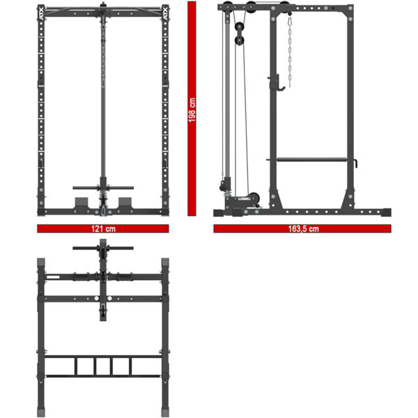A diagram of the ATX® Power Rack 610 System 198cm for Low Ceilings shows dimensions: width 121 cm, depth 163.5 cm, height 189 cm. It features a pull-up bar, cable system, and barbell supports with front and side views illustrated.