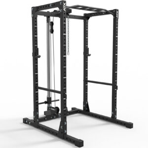 The ATX® Power Rack 610 System 198cm for Low Ceilings is a black, heavy-duty rack with adjustable safety bars, built-in pulley system, multiple holes for customization, and two base supports for stability, perfect for strength training and weightlifting.