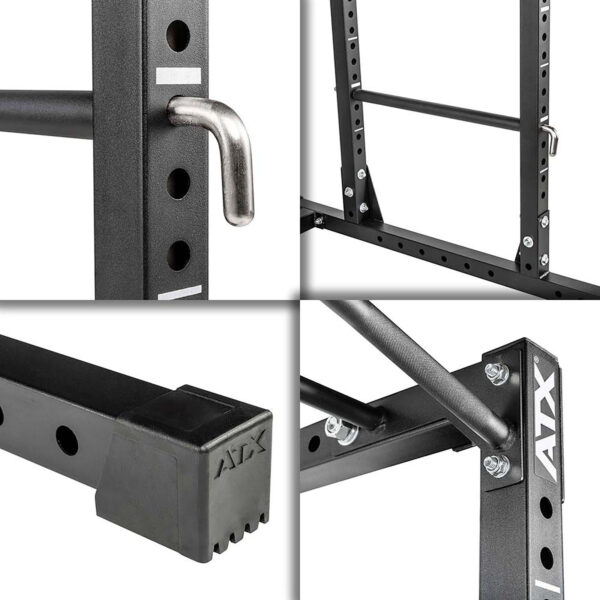 Collage of the ATX® Power Rack 610, specifically designed for low ceilings, showcasing adjustable hooks, a J-cup, safety bar, and ATX logo. The rack offers steel construction with customizable holes to fit perfectly in spaces with limited height.