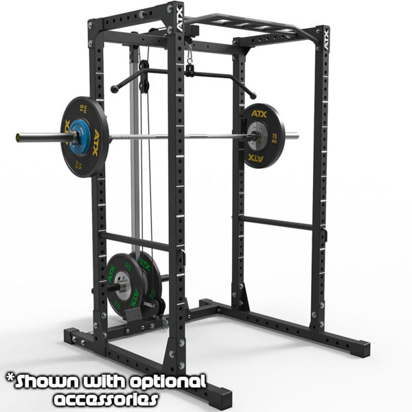 A black ATX® Power Rack 610 System for low ceilings, equipped with a pull-up bar and various attachments, is shown with a barbell and weight plates. Text at the bottom reads, Shown with optional accessories.