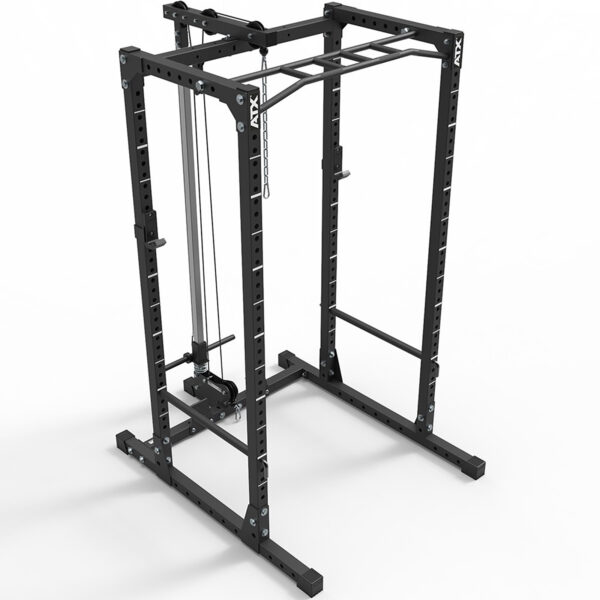 The ATX® Power Rack 620, featuring adjustable elements like a pull-up bar and cable attachments, is presented against a plain white backdrop.