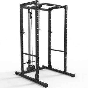 The ATX® Power Rack 620 215cm System Plate Loaded is a black power rack with pull-up bars and a cable system. It features adjustable holes for safety bars and a sturdy metal frame, ideal for weightlifting and strength training exercises.