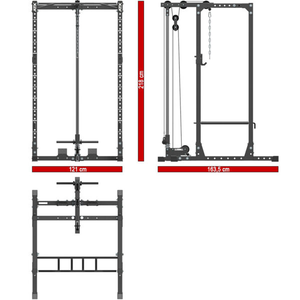Illustration of the ATX® Power Rack 620 215cm System Plate Loaded, showing labeled dimensions: height 218 cm, width 121 cm, depth 163.5 cm. The image displays front, side, and top views with a pull-up bar and various attachments.