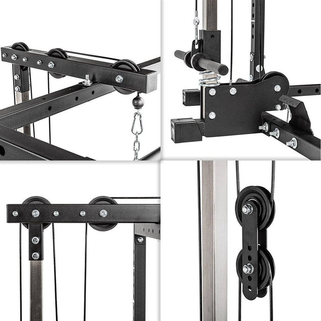 Close-up image of the ATX® Power Rack 620 215cm System Plate Loaded components—pulleys, bolts, and metal frame parts—highlighting detailed construction and assembly. The image is divided into four sections, each focusing on a distinct part.