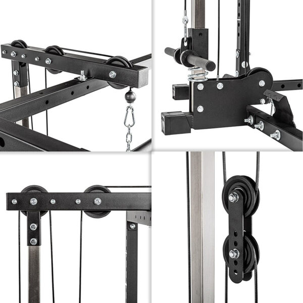 Close-up image of the ATX® Power Rack 620 215cm System Plate Loaded components—pulleys, bolts, and metal frame parts—highlighting detailed construction and assembly. The image is divided into four sections, each focusing on a distinct part.