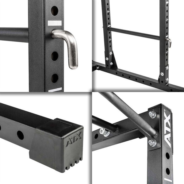 Collage of close-up images featuring the ATX® Power Rack 620 215cm: metal peg in a hole, rack with multiple holes, rubber foot labeled ATX, and a reinforced corner with bolts.