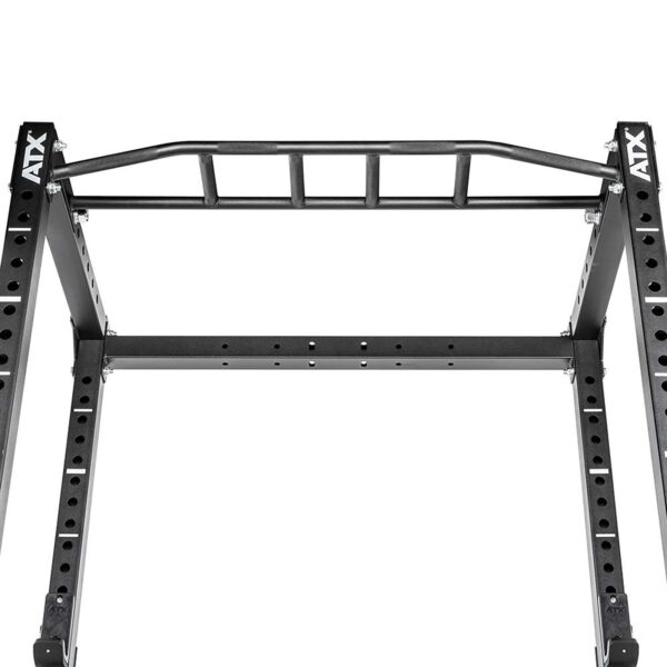 The ATX® Power Rack 620 215cm is a black metal rack with an attached pull-up bar offering multiple grip options. It features adjustable holes for various fitness equipment, and ATX branding is visible on both sides.