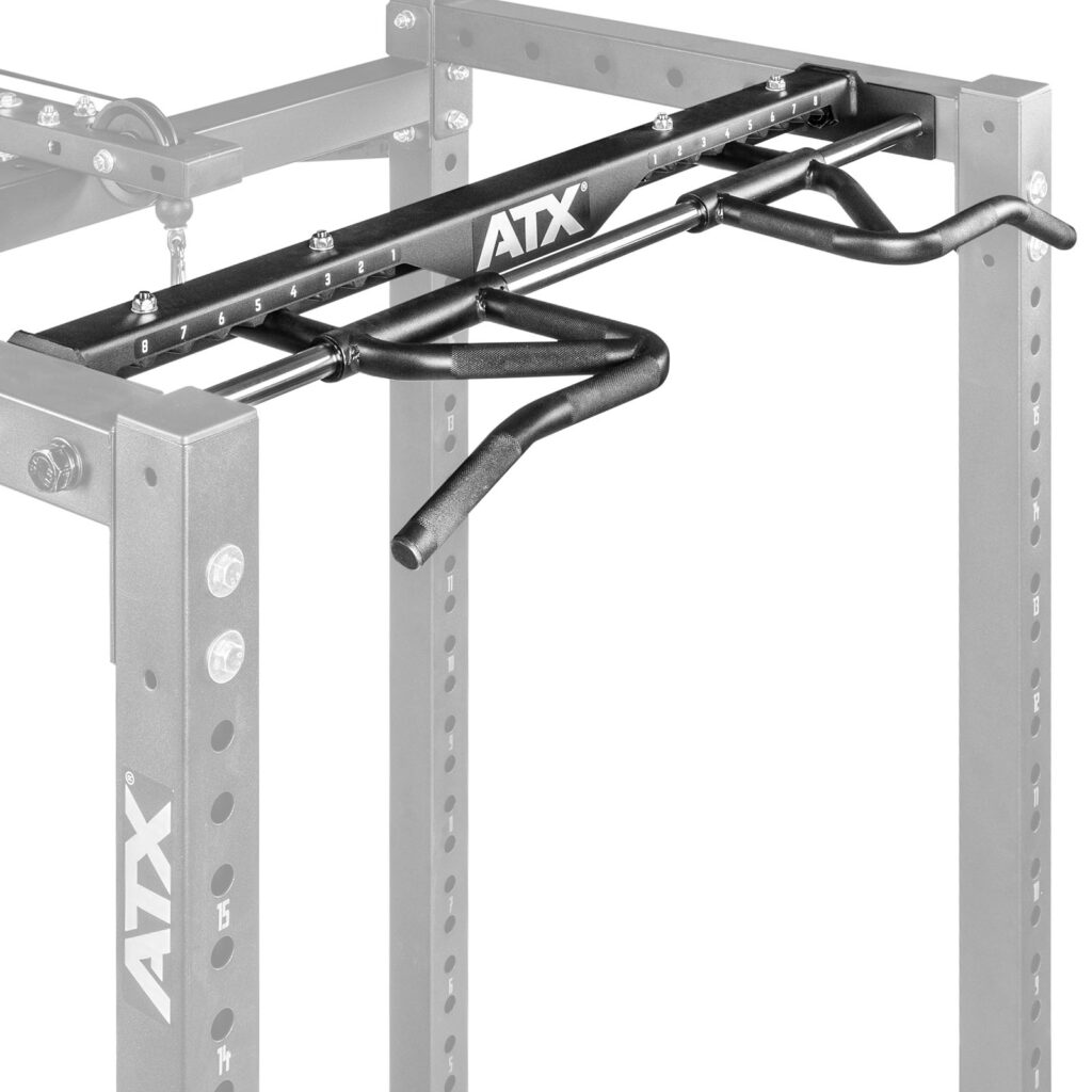An ATX® 750 Indexing Chin Up Bar is attached to a power rack, showcasing multiple grips for versatile exercise positions. The rack appears partially transparent to emphasize the bars design.