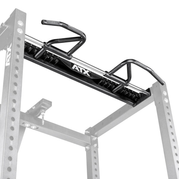 The ATX® 750 Indexing Chin Up is a gym pull-up bar with multiple grip positions, designed for attachment to a power rack. It features sturdy metal construction and stands out against a white background.