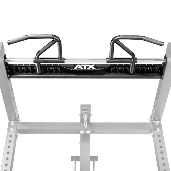 The ATX® 750 Indexing Chin Up is a gym pull-up bar with various grip options attached to a sturdy metal structure, featuring the ATX brand logo, designed for strength training exercises.