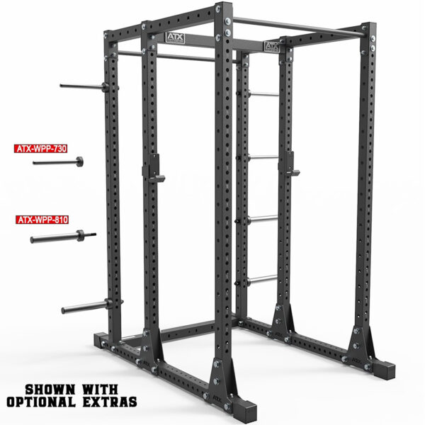 A black ATX® Commercial Power Rack 750 with adjustable bars and pegs is displayed. The structure is labeled with model numbers ATX-WPP-730 and ATX-WPP-810, and it includes a note stating shown with optional extras.
